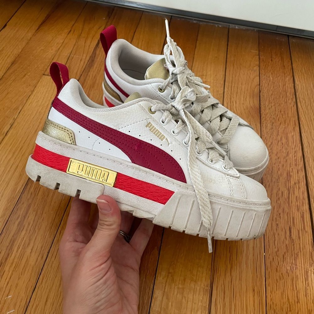 Puma Big Kids Size 4 Mayze Glitz Platform Sneakers White Gold Red